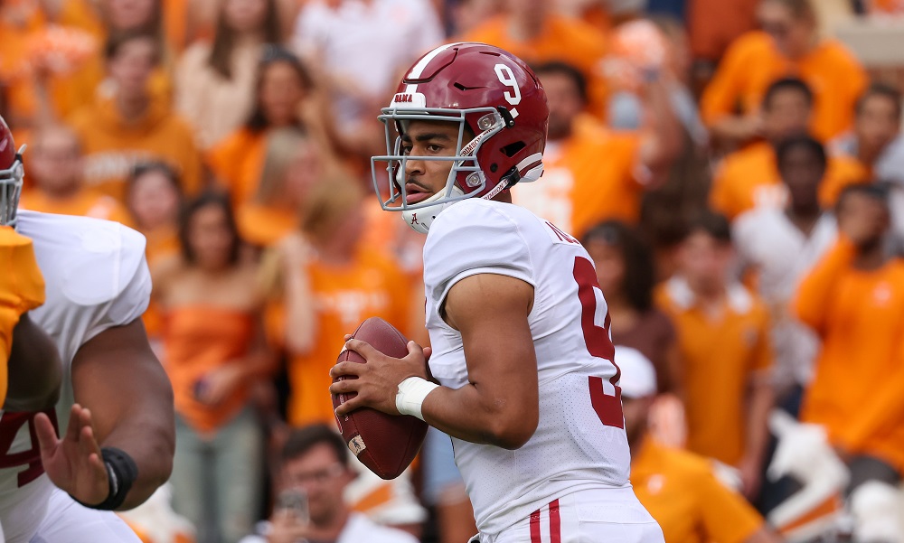 Oct 15, 2022; Knoxville, Tennessee, USA; Alabama Crimson Tide quarterback Bryce Young (9) looks to pass the ball against the Tennessee Volunteers during the first quarter at Neyland Stadium. Mandatory Credit: Randy Sartin-USA TODAY Sports
