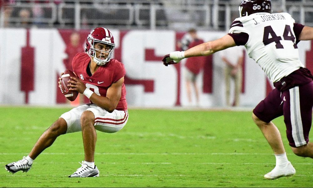 Bryce Young scrambles against Mississippi State