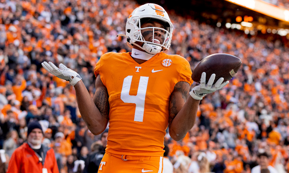 Cedric Tillman (#4) during 2022 game for Tennessee against Vanderbilt