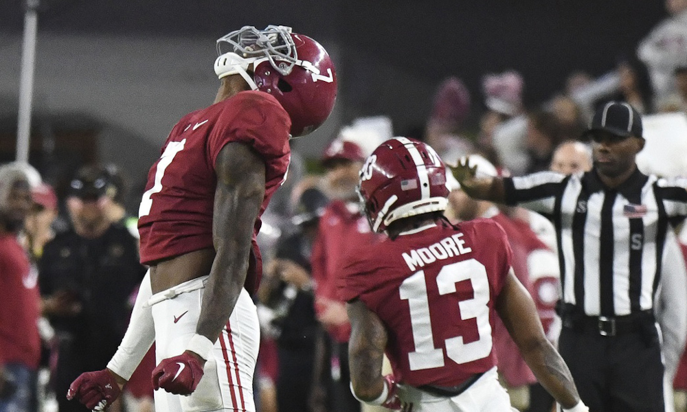 Alabama DB Eli Ricks (#7) celebrates a pass breakup versus Miss. State