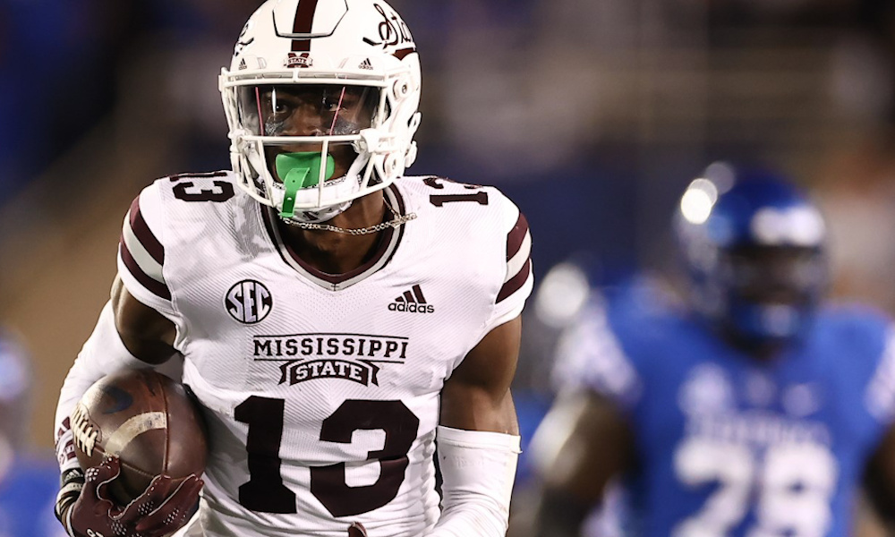 Mississippi State CB Emmanuel Forbes (#13) with an interception in 2022 game versus Kentucky
