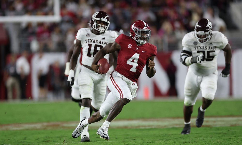 Jalen Milroe scrambles against Texas A&M