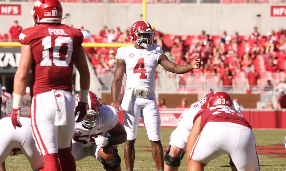 Jalen Milroe lines up in shotgun against Arkansas