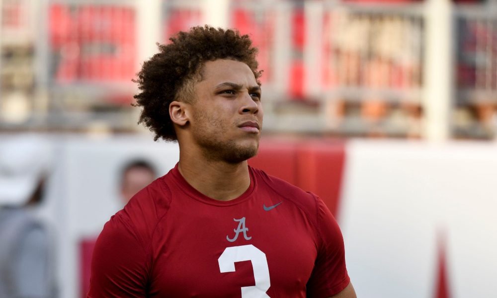 Jermaine Burton warms up prior to Mississippi State game