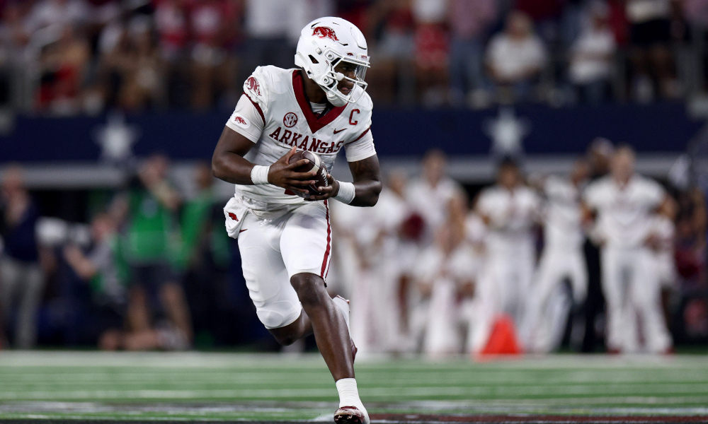 KJ Jefferson (#1) runs with the ball for Arkansas versus Texas A&M in 2022