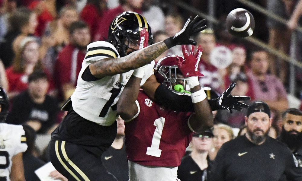 Alabama CB Kool-Aid McKinstry (#1) defends a pass versus Vanderbilt