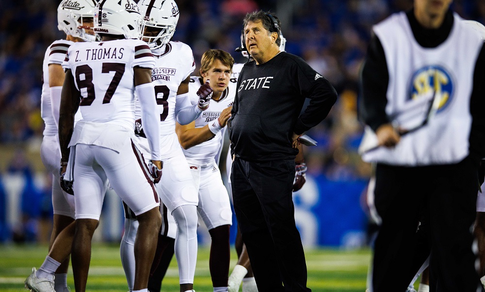 Oct 15, 2022; Lexington, Kentucky, USA; Mississippi State Bulldogs head coach Mike Leach looks on during the third quarter against the Kentucky Wildcats at Kroger Field. Mandatory Credit: Jordan Prather-USA TODAY Sports