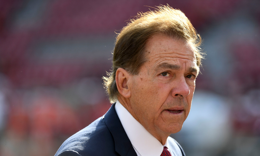 Alabama head coach Nick Saban walks the field at Bryant-Denny Stadium during pregame before Mississippi State matchup