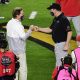 Jan 11, 2021; Miami Gardens, FL, USA; Alabama Crimson Tide head coach Nick Saban (left) greets Ohio State Buckeyes head coach Ryan Day before the 2021 College Football Playoff National Championship Game at Hard Rock Stadium. Mandatory Credit: Douglas DeFelice-USA TODAY Sports
