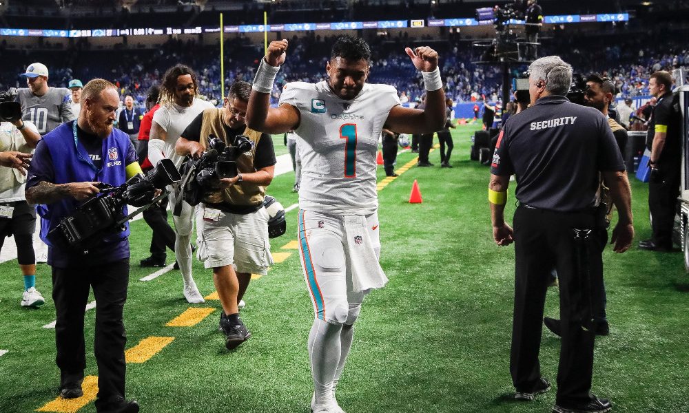 Tua Tagovailoa runs off the field against the Lions