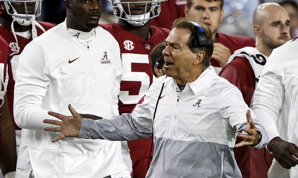 Oct 8, 2022; Tuscaloosa, Alabama, USA; Alabama Crimson Tide head coach Nick Saban reacts after a penalty during the second half against the Texas A&M Aggies at Bryant-Denny Stadium. Mandatory Credit: Butch Dill-USA TODAY Spo