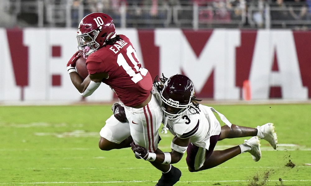 Oct 22, 2022; Tuscaloosa, Alabama, USA; Mississippi State Bulldogs defensive back Decamerion Richardson (3) brings down Alabama Crimson Tide wide receiver JoJo Earle (10) during the first half at Bryant-Denny Stadium. Mandatory Credit: Gary Cosby Jr.-USA TODAY Sports