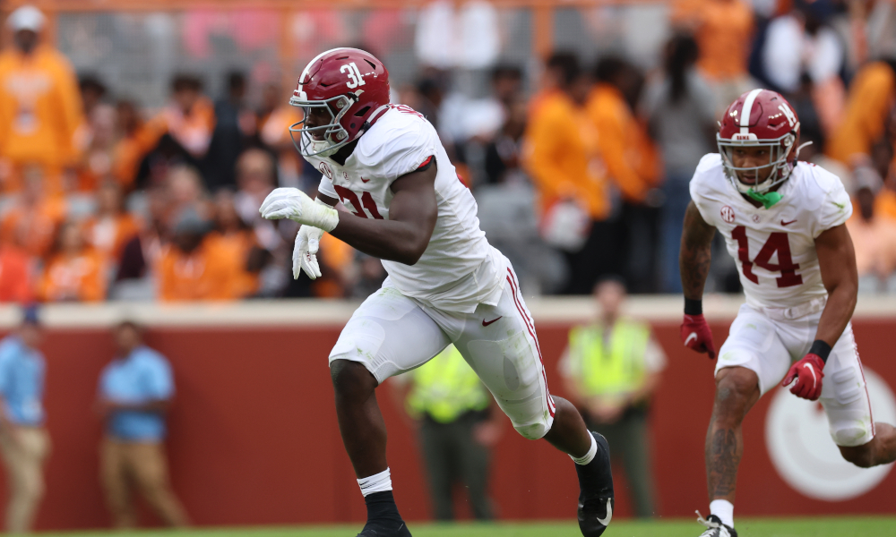 Alabama LB Will Anderson (#31) rushing Tennessee QB Hendon Hooker last week