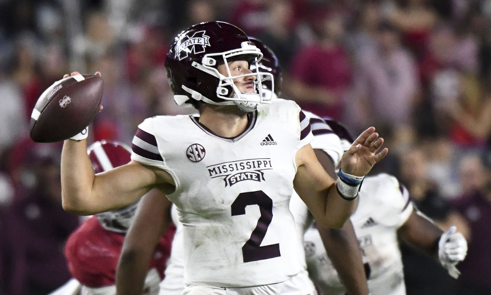 Mississippi State QB Will Rogers (#2) throws a pass against Alabama in 2022 matchup