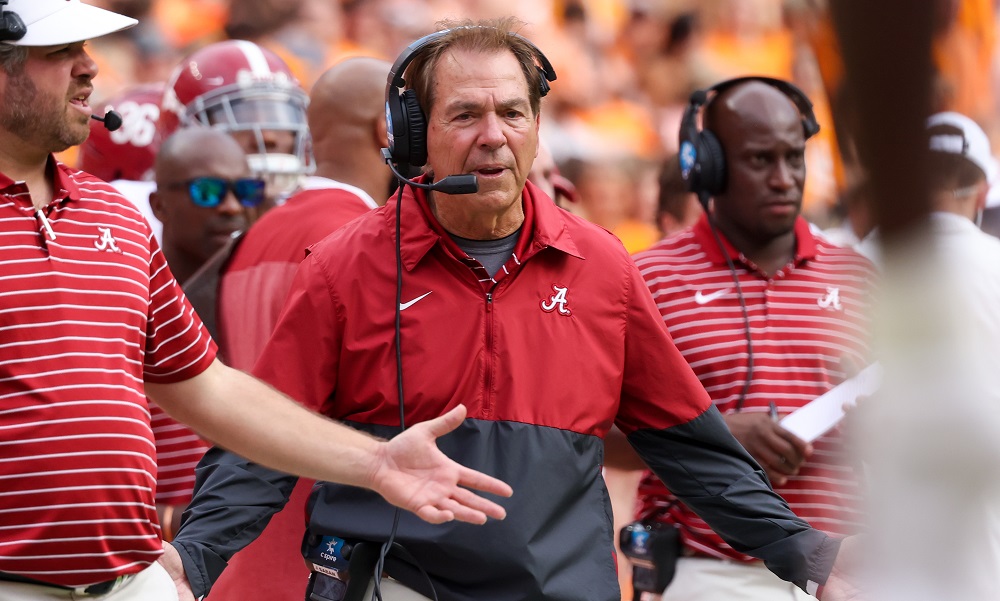 Oct 15, 2022; Knoxville, Tennessee, USA; Alabama Crimson Tide head coach Nick Saban reacts during the first half against the Tennessee Volunteers at Neyland Stadium. Mandatory Credit: Randy Sartin-USA TODAY S