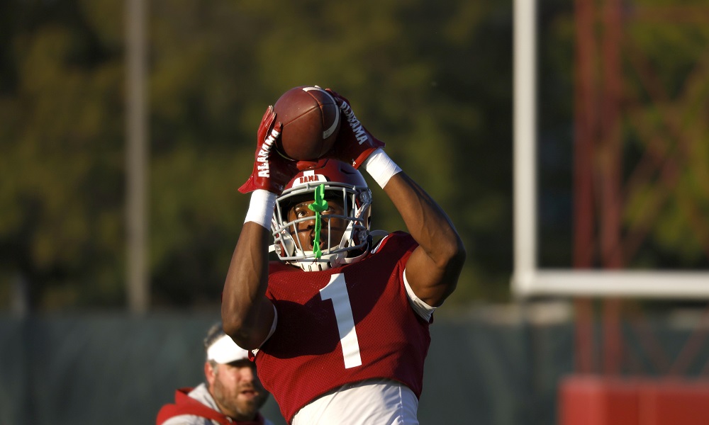 Alabama defensive back Kool-Aid McKinstry (1) makes a catch during Practice at Thomas-Drew Practice Fields in Tuscaloosa, AL on Tuesday, Nov 8, 2022.