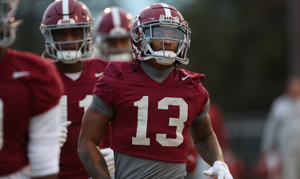 Alabama defensive back Malachi Moore (13) warms up during practice at Thomas-Drew Practice Fields in Tuscaloosa, AL on Monday, Nov 21, 2022.