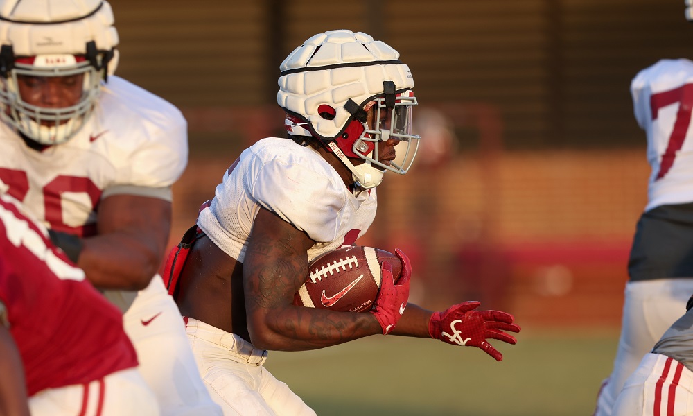 Alabama running back Roydell Williams (5) runs the ball during practice at Thomas-Drew Practice Fields in Tuscaloosa, AL on Tuesday, Nov 22, 2022.