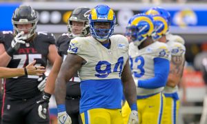 Los Angeles Rams DT A'Shawn Robinson (#94) celebrates a tackle during 2022 matchup against the Atlanta Falcons