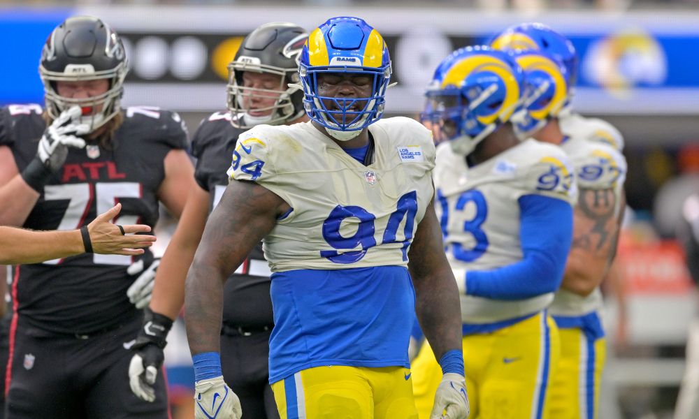 Los Angeles Rams DT A'Shawn Robinson (#94) celebrates a tackle during 2022 matchup against the Atlanta Falcons