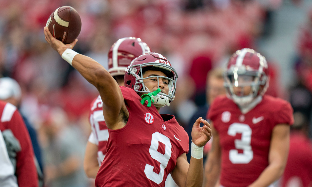 Alabama quarterback Bryce Young (#9) in pregame warmups before matchup with Auburn