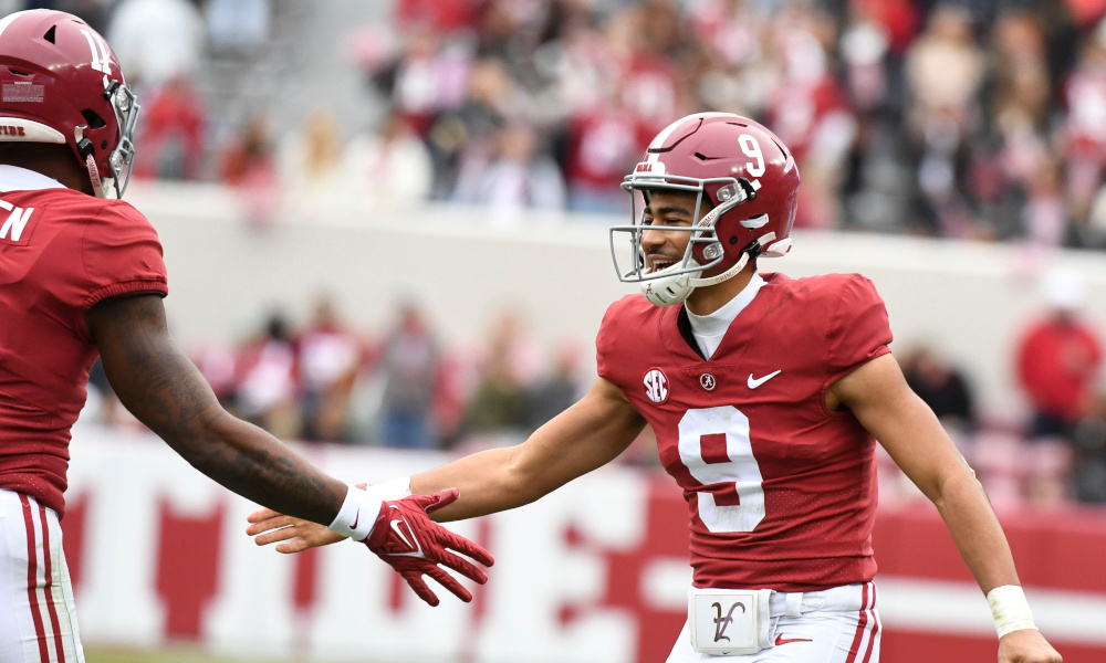 Alabama quarterback Bryce Young (#9) celebrates a play with wide receiver Traeshon Holden (#11) against Austin Peay