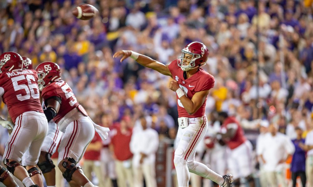 Bryce Young throws a pass against LSU