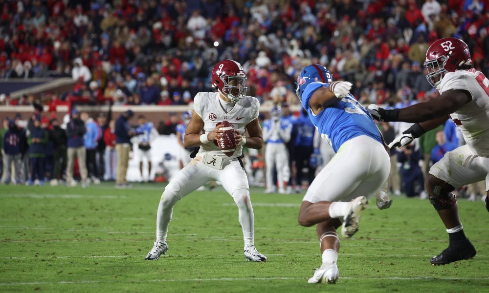 Bryce Young drops back to pass against Ole Miss