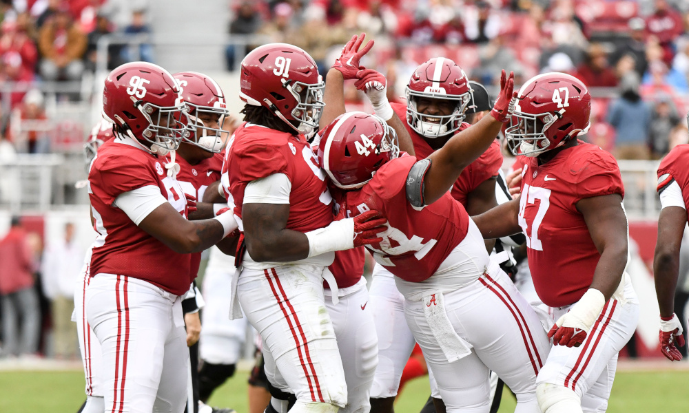Alabama freshman DL Damon Payne (#44) celebrates a fumble recovery with his teammates during the Crimson Tide's win over Austin Peay