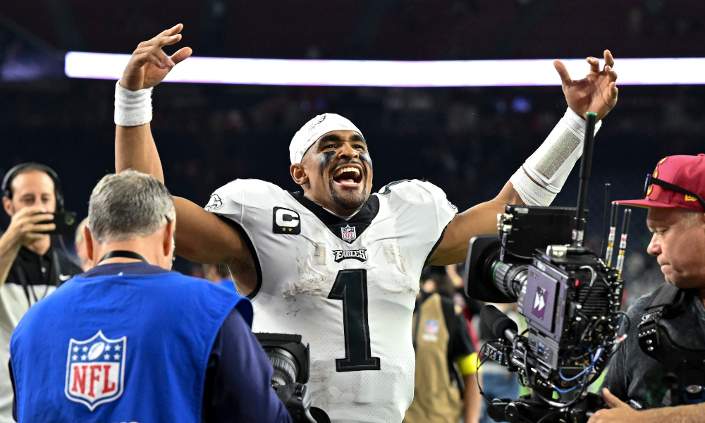 Jalen Hurts (#1) celebrates 8-0 start for Philadelphia Eagles after 29-17 victory over Houston Texans