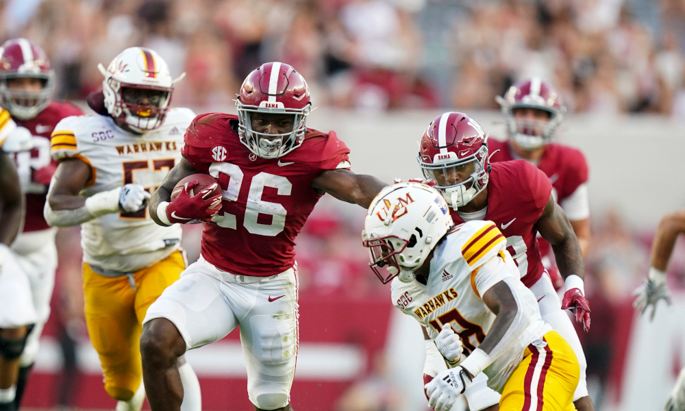 Alabama running back Jamarion Miller (#26) rips off a huge run for the Crimson Tide against Louisiana-Monroe in 2022