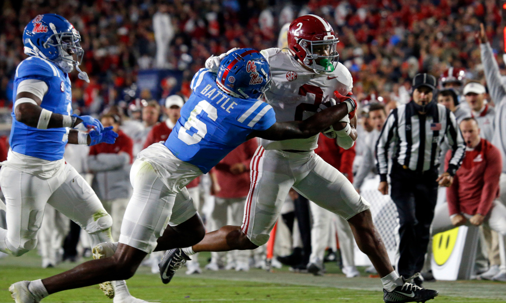 Alabama RB Jase McClellan (#2) breaks a tackle against Ole Miss defender in last week's matchup