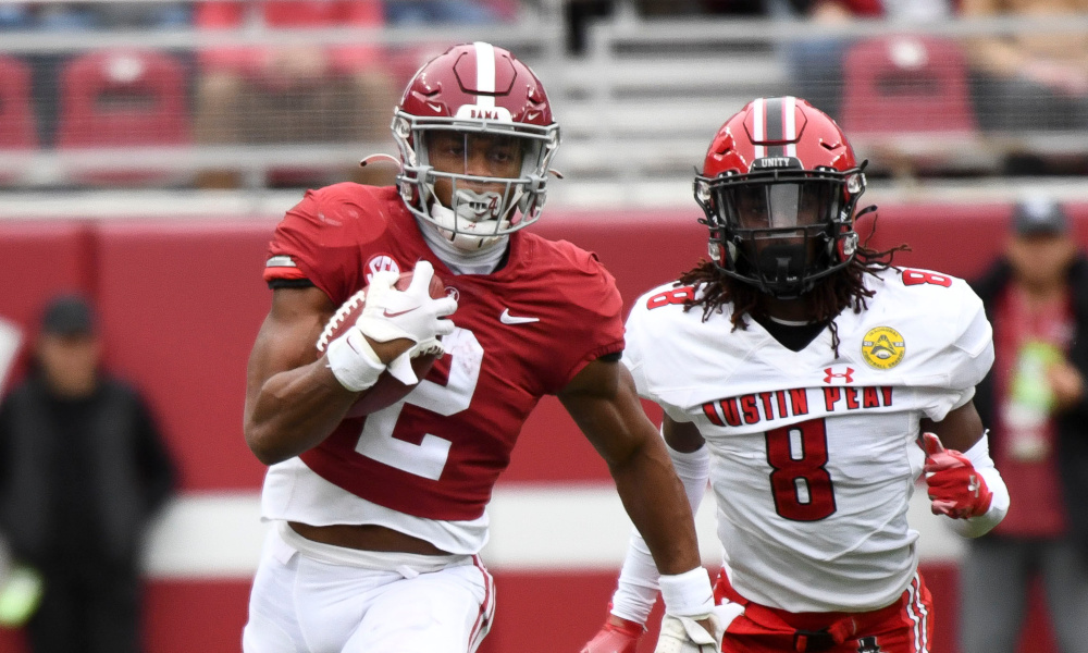 Alabama running back Jase McClellan (#2) breaks a long run down the sideline for the Crimson Tide against Austin Peay