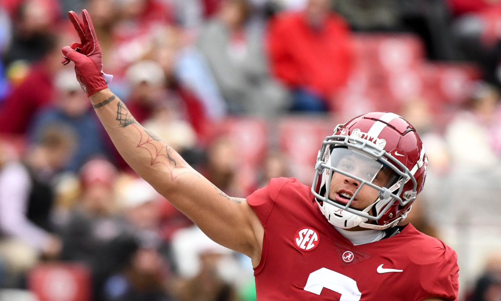 Alabama WR Jermaine Burton (#3) celebrates after scoring a touchdown in matchup against Austin Peay