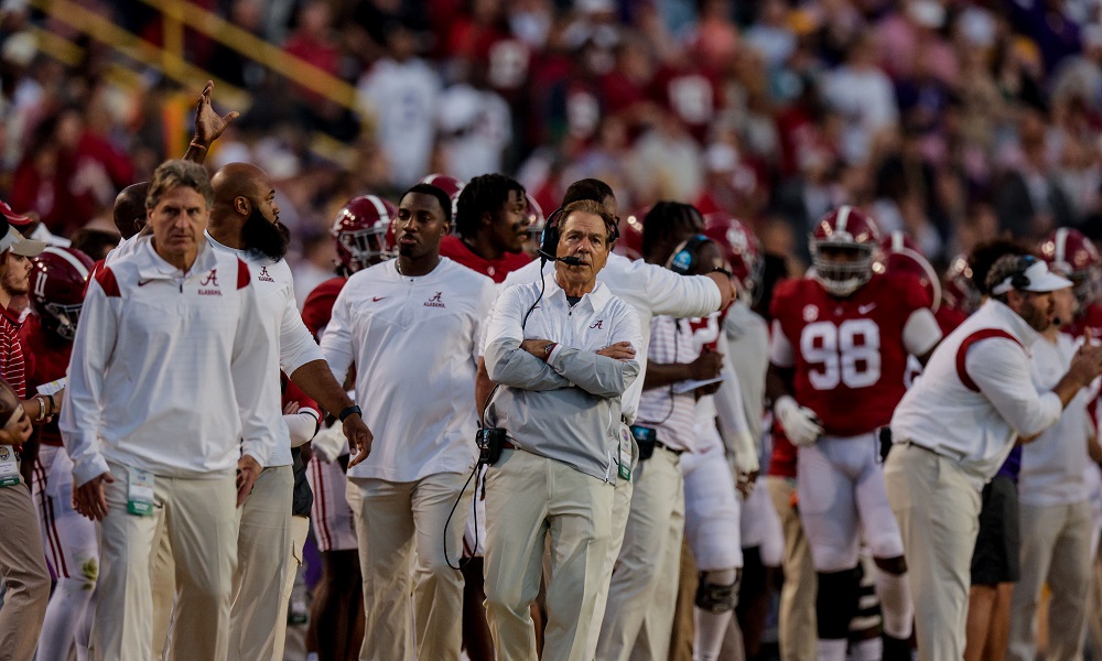 Nov 5, 2022; Baton Rouge, Louisiana, USA; Alabama Crimson Tide head coach Nick Saban looks on against the LSU Tigers during the first half at Tiger Stadium. Mandatory Credit: Stephen Lew-USA TODAY Sports