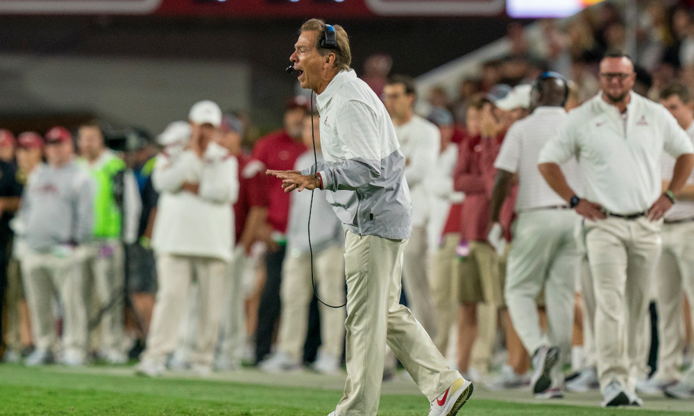 Alabama head coach Nick Saban yelling on the field during 2022 matchup against Texas A&M
