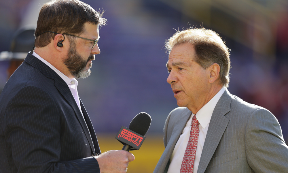 Alabama head coach Nick Saban talks to ESPN radio before 2022 matchup against LSU at Tiger Stadium