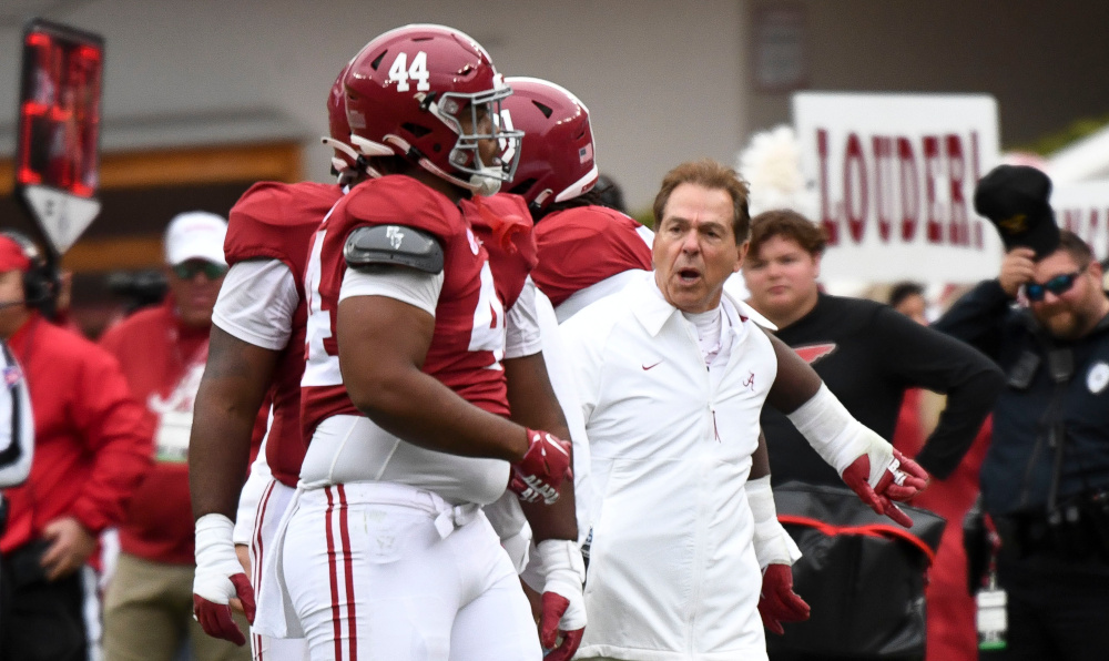 Alabama head coach Nick Saban yells at DL Damon Payne Jr. (44) after Payne is called for an offsides penalty against Auburn.