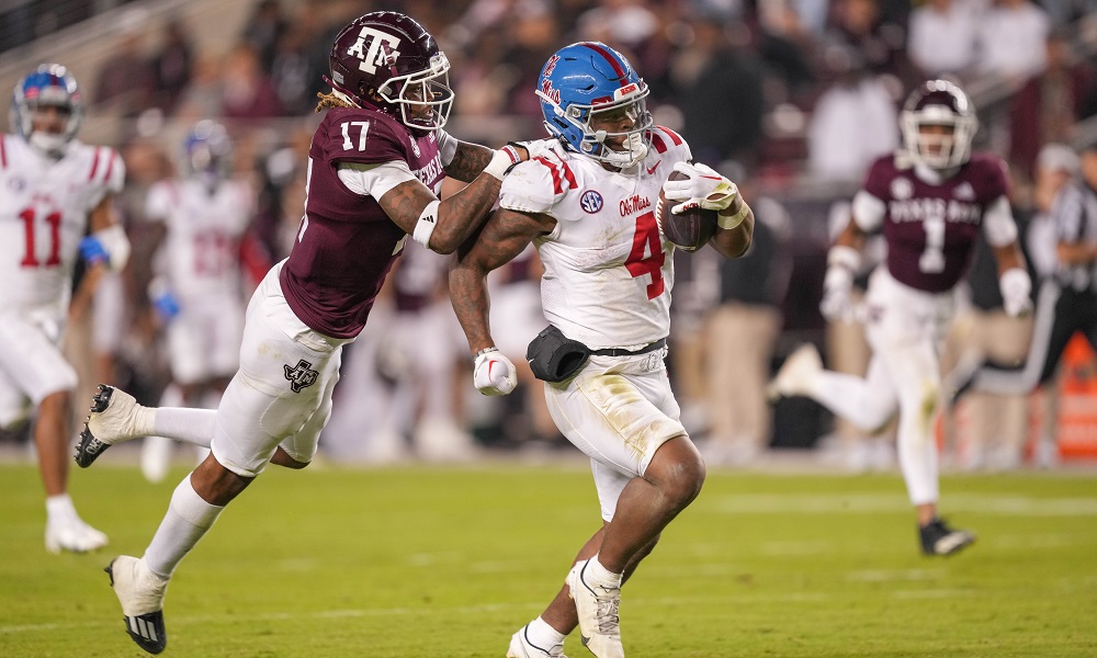 Oct 29, 2022; College Station, Texas, USA; Texas A&M Aggies defensive back Jaylon Jones (17) tackles Mississippi Rebels running back Quinshon Judkins (4) in the second half at Kyle Field. Mandatory Credit: Daniel Dunn-USA TODAY Sports