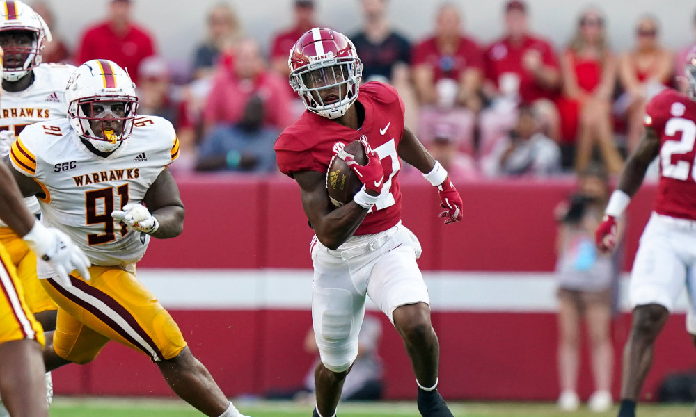 Alabama receiver Isaiah Bond (#17) runs against Louisiana Monroe defense during 2022 game at Bryant-Denny Stadium