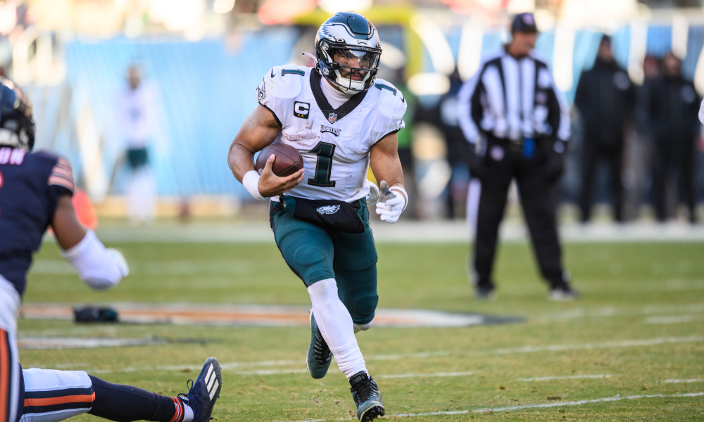 Philadelphia Eagles quarterback Jalen Hurts (1) reacts during the