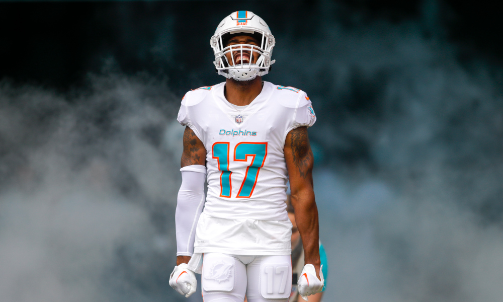 Dolphins wide receiver Jaylen Waddle (#17) taking the field before Sunday's game against the Houston Texans.