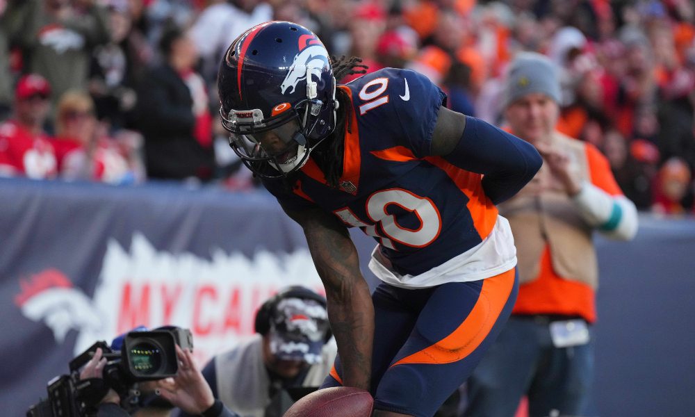 Jerry Jeudy bows after scoring vs. the Chiefs