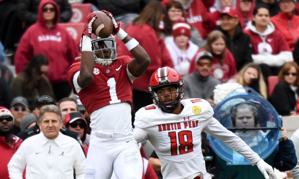 Alabama CB Kool-Aid McKinstry (#1) intercepts a pass during 2022 matchup against Austin Peay at Bryant-Denny Stadium.