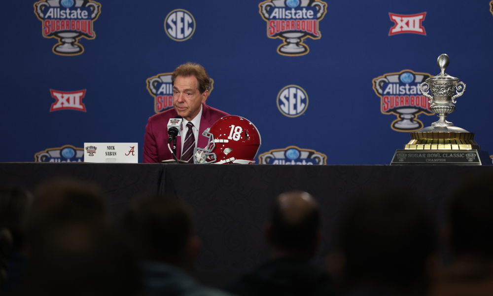 Alabama head coach Nick Saban speaks to media during Allstate Sugar Bowl press conference.