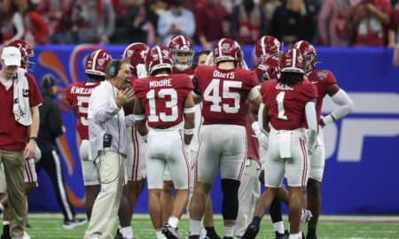 Alabama head coach Nick Saban speaks to his team during a timeout in the Allstate Sugar Bowl against Kansas State.