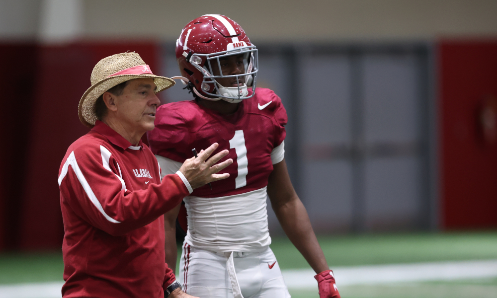 Alabama head coach Nick Saban and cornerback Kool-Aid McKinstry (#1) talking about a play during Sugar Bowl prep for K-State.