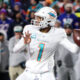 Dolphins' QB Tua Tagovailoa (#1) drops back to pass in last week's matchup against the Buffalo Bills