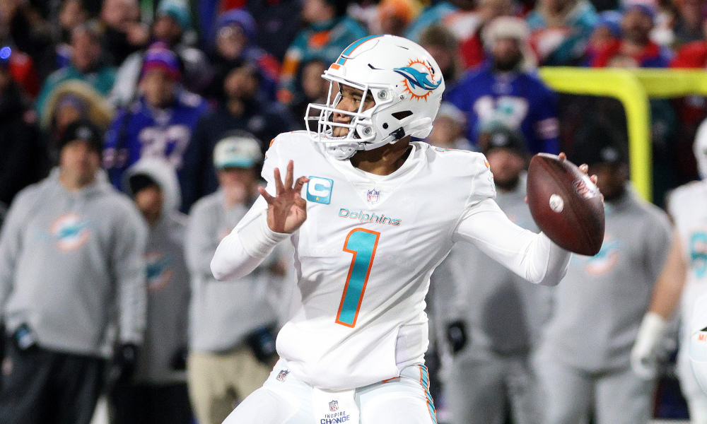 Dolphins' QB Tua Tagovailoa (#1) drops back to pass in last week's matchup against the Buffalo Bills