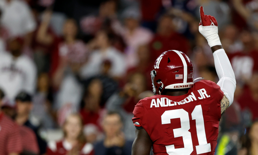 Alabama LB Will Anderson Jr. (#31) celebrates a sack versus Texas A&M at Bryant-Denny Stadium in 2022.